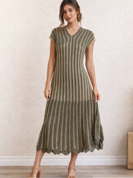 Floris Dresses & Skirts - Floris Italy Knit Mini Dress Olive Beige Stripe Cap Sleeve S/M NWT Beach coverup